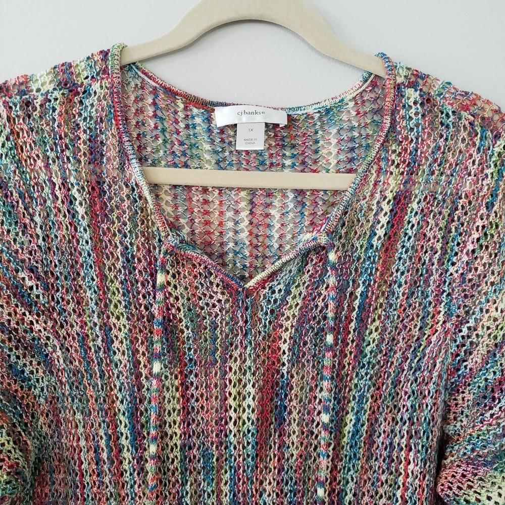 CJ Banks Open Knit Sweater Tunic Top SZ 1X Festival Boho Hippie Rainbow Cover Up - Picture 3 of 8